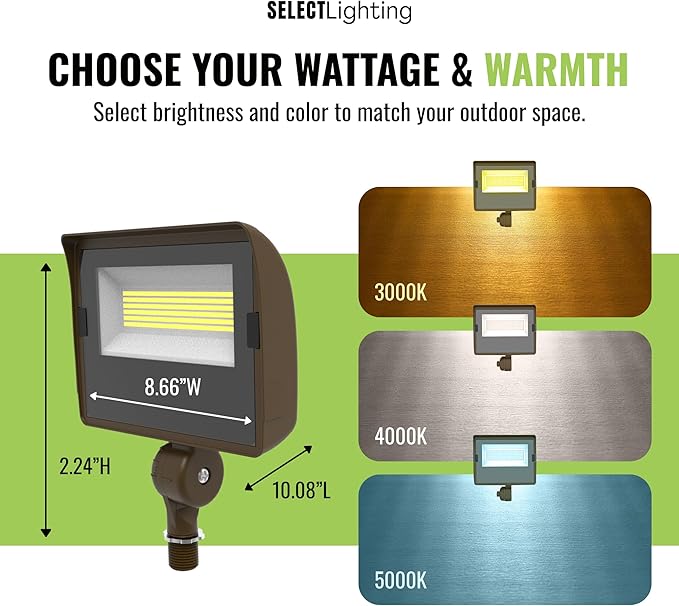 Select LED Flood Light with Photocell, 40/50/60W Wattage Selectable, 8000 Lumen, 3000K/4000K/5000K CCT, IP65 Waterproof, UL Certified Outdoor Security Light for Yard, Driveway (Knuckle Mount)