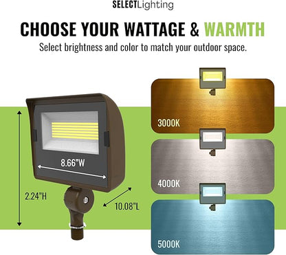 Select LED Flood Light with Photocell, 40/50/60W Wattage Selectable, 8000 Lumen, 3000K/4000K/5000K CCT, IP65 Waterproof, UL Certified Outdoor Security Light for Yard, Driveway (Knuckle Mount)
