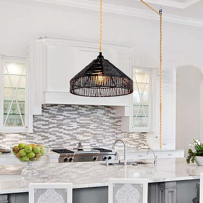 Plug in Pendant Light Rattan Hanging Lamp with On/Off Switch 15 Ft Hemp Rope Modern Woven Pendant Light Fixtures 12" Handwoven Rattan Basket Shade Boho