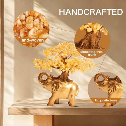 Citrine Crystal Money Tree on Gold Mini Elephant Statue, 10”Gemstone Bonsai Tree of Life Home Décor Gifts for Wealth Positive Energy, Feng Shui Décor