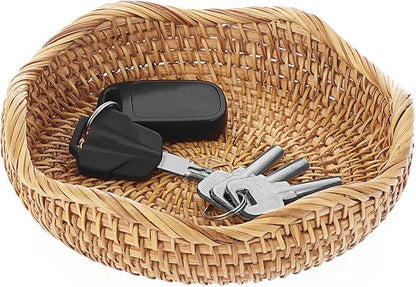 Hipiwe Round Key Basket Bowl for Entryway 7.3" Natural Rattan Fruit Bowl Woven Wicker Basket Serving Tray Rattan Organizer Decorative Baskets for Kitchen Counter Bedside Living Room