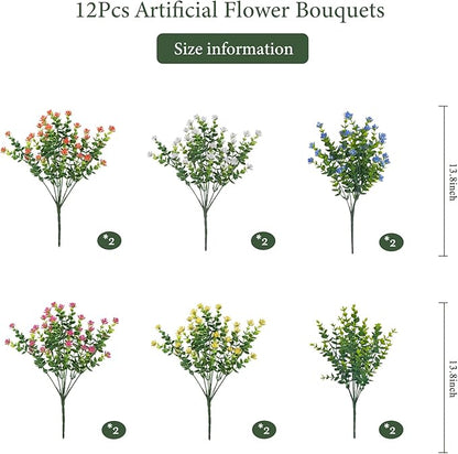 Artificial Flowers Outdoors, 12 Bundles Fake Flowers UV-Anti for Decoration Faux Plastic Plants Garden Porch Window Box Décor, WhitePinkYellowOrangeBlueGreen