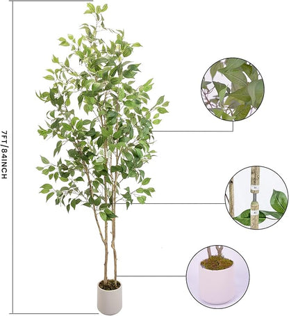 Artificial Fake Ficus Tree 7FT Tall 2Pack with White Planter & Free Moss, Artificial Plants Indoor, Artificial Trees for Home Decor Indoor, Faux Ficus Tree
