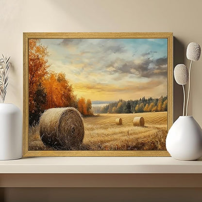 Wood Framed Vintage Canvas Wall Art, Autumn Countryside Nature Scene Prints 8x10 Inch, Farmhouse Wall Decor Poster Picture for Living Room Bedroom Bathroom Home Decor