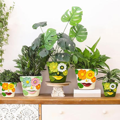 GUGUGO 8 Inch Large Flower Face Planters, Abstract Unique Head Plant Pot with Drainage, Rainbow Colorful Cute Flower Plant Pots for Indoor Plants, Funny Gardening Pot Gift Home Décor, Orange&Yellow