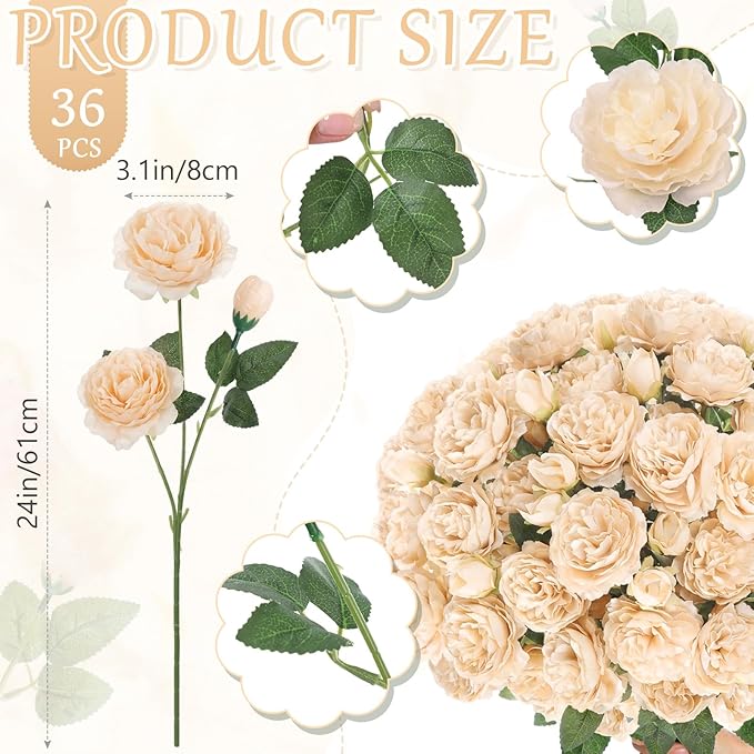 36 Bundles Artificial Flowers Peonies Roses Fake Bouquet for Wedding Bridal Shower Valentine's Day Decorations Fake Floral Arrangements Table Centerpieces Home Decor(Champagne)