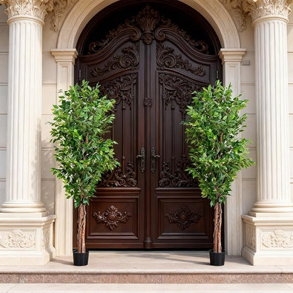 6ft Decorative Fake Ficus Tree Indoor, Artificial Trees Indoor for Home Decor, Potted Faux Tree Plant with Realistic Silk Leaves, Natural Triple Wood Trunk for Outdoor, Office