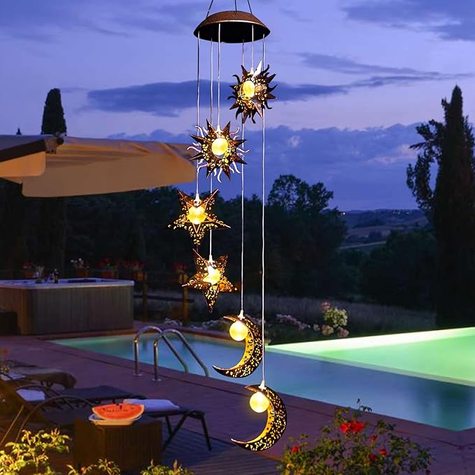 Tryme Solar Wind Chimes for Outside with Sun Moon Star Solar Hanging Lights Windchimes Outdoors Garden Decor Gifts for Mother, Grandma, Sister