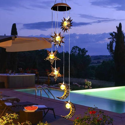 Tryme Solar Wind Chimes for Outside with Sun Moon Star Solar Hanging Lights Windchimes Outdoors Garden Decor Gifts for Mother, Grandma, Sister