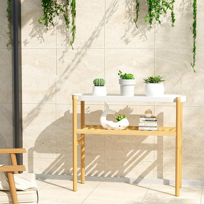Bamboo Plant Stands Indoor, 2 Tier Steel Tray Plant Table Tall Corner Multiple Plant Holder Display Rack for Outdoor Garden Home