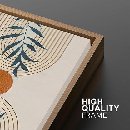 Bwodke Framed Boho Canvas Wall Art Mid Century Modern Prints Set of 3 Neutral Geometric Line Leaf Paintings Decor Minimalist Abstract Pictures Bedroom Living Room Bathroom