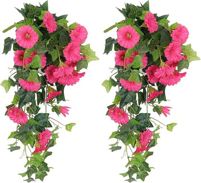 RECUTMS Artificial Fake Hanging Flowers Plants for Outdoor Decoration, 2 Pcs UV Resistant Faux Petunias Trailing Plants Realistic Flower Look Real for Door Wall Yard Porch Garden Planter (Rose Red)