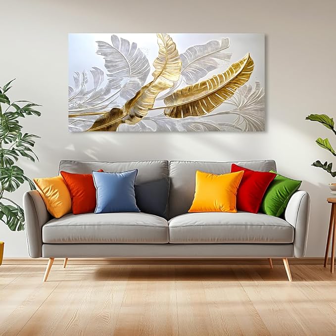 Gold Silver Leaf Canvas Wall Art Golden Silver Palm Leaves Art Painting Abstract Leaf Landscape Painting Textured Modern Aesthetic Nature-Inspired Metallic Leaf Picture Artwork for Living Room, Bedroom & Office, Ready to Hang (20x40 Inches)