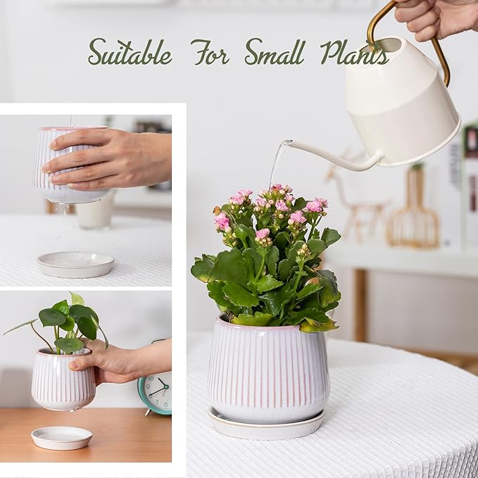 3.5 Inch Ceramic Succulent Planter Pots with Drainage Hole and Saucers, Small Glazed Ceramic Plant Pots for Indoor Flowers, Herbs, Cactus, Outdoor Plants, Pink, Set of 4 (Plants Not Included)