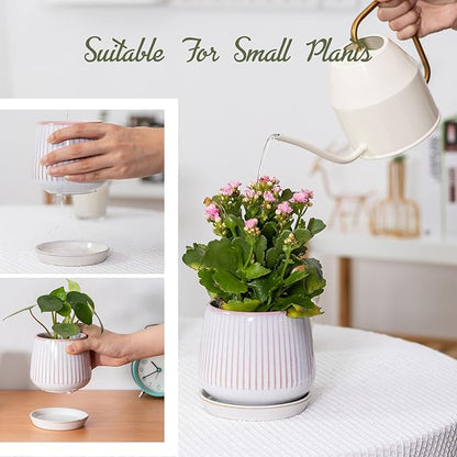 3.5 Inch Ceramic Succulent Planter Pots with Drainage Hole and Saucers, Small Glazed Ceramic Plant Pots for Indoor Flowers, Herbs, Cactus, Outdoor Plants, Pink, Set of 4 (Plants Not Included)