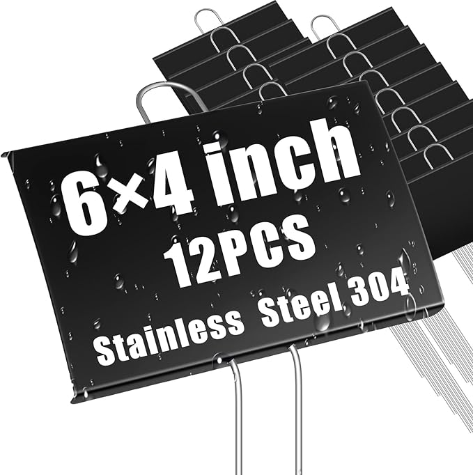 Landhoow 12 Pcs Large Garden Plant Markers Metal Plant Labels Sign 4'' x 6'' with 11'' Stake Weatherproof Waterproof Garden Sign for Outdoor Seedlings Herbs Vegetable Greenhouse, Black