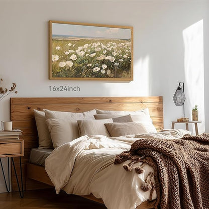 CAZLOUC Vintage Coastal Wall Art, White Wildflower Wall Decor, Rustic Farmhouse Landscape Canvas Painting, Nature Seaside Floral Poster Print for Bedroom Living Room Office Wood Framed 16x24 Inch