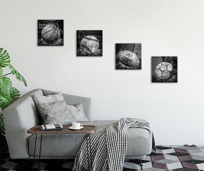 BLINFEIRU Sports Wall Decor for Boys, Black and White Sports Wall Art, Vintage Soccer Football Baseball Basketball Pictures Artwork, Modern Canvas Prints Home Men Bedroom Decoration 12"x12"x4