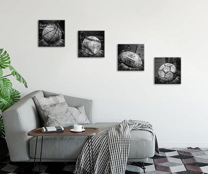 BLINFEIRU Sports Wall Decor for Boys, Black and White Sports Wall Art, Vintage Soccer Football Baseball Basketball Pictures Artwork, Modern Canvas Prints Home Men Bedroom Decoration 12"x12"x4