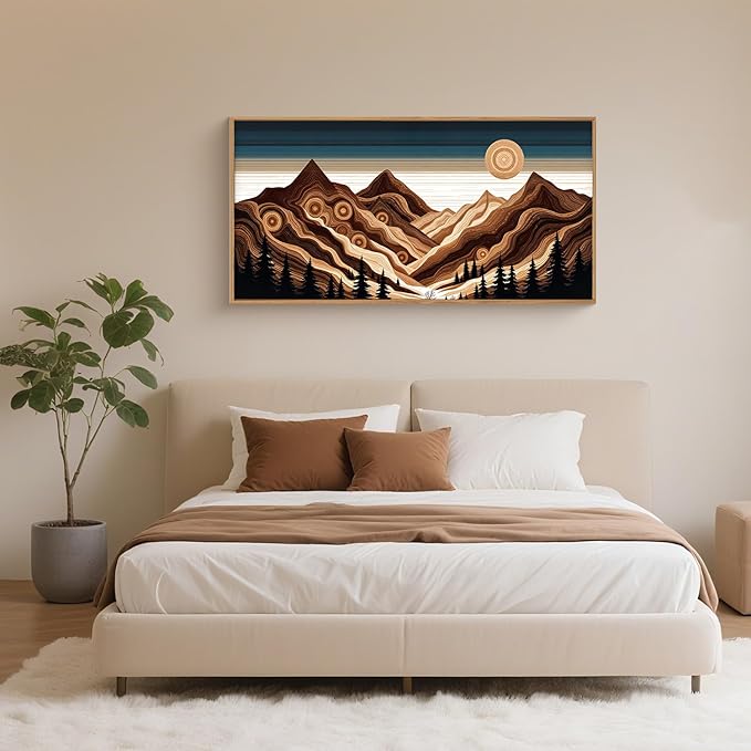 Large Abstract Mountain Woodcut Framed Canvas Wall Art,Modern Tree Ring Wall Decor,Sunrise Ridge Scenery Painting,Retro Desert Artwork for Living Room,Bedroom,Dining Room,Office -20"x40"x1