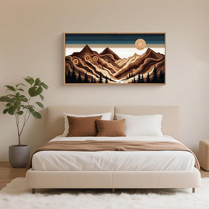 Large Abstract Mountain Woodcut Framed Canvas Wall Art,Modern Tree Ring Wall Decor,Sunrise Ridge Scenery Painting,Retro Desert Artwork for Living Room,Bedroom,Dining Room,Office -20"x40"x1