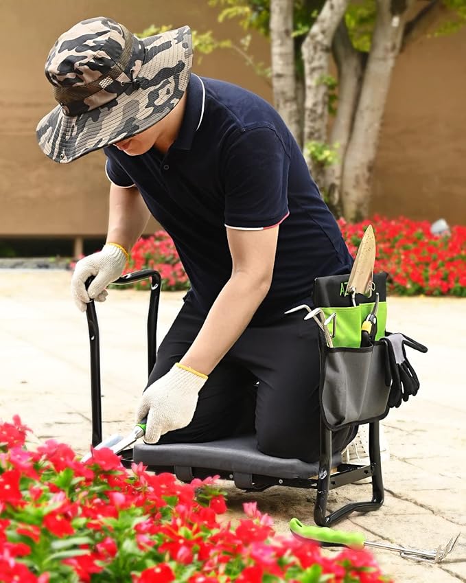 Bamboo Garden Kneeler and Seat Heavy Duty, Upgrade Gardening Bench and 2-inch Thick Kneeling Pad 1 Larger Tool Bags, Gardening Gift for Women Men, for Gardeners
