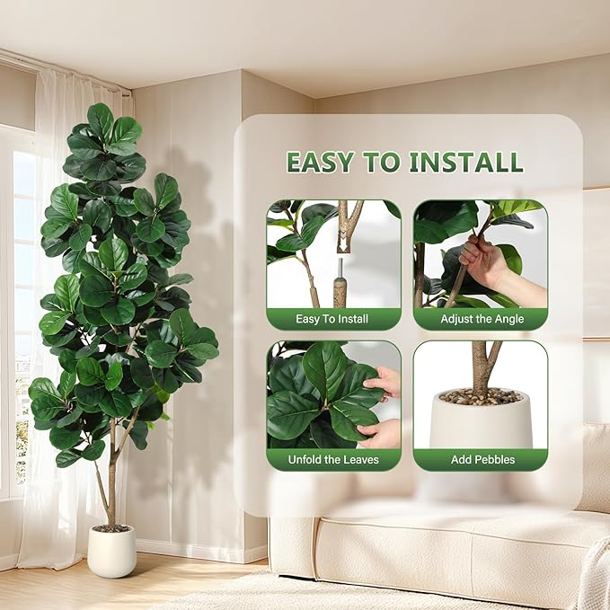 7 ft Fiddle Leaf Fig Tree Artificial with 141 Leaves - Realistic Faux Ficus Lyrata Trees in 9 in White Planter Pot, Indoor Fake Floor Plants for Home Office Living Room Decor, Housewarming Gift