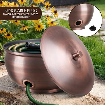 Monarch Abode Garden Hose Holder with Lid – Decorative Water Hose Holders for Outside, Smooth Metal Antique Copper Pot with Drainage, 100ft Waterhose Holder for Outside, Garden Storage Caddy