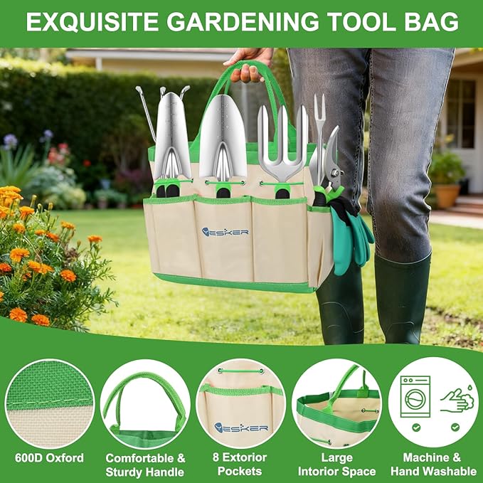 Yesker Gardening Tools 9-Piece Heavy Duty Garden Tool Set Gardening Supplies Gifts for Women Men Gardening Hand Tool Kit with Non-Slip Ergonomic Handle, Garden Bag, Durable Gloves, Spray Bottle, Green