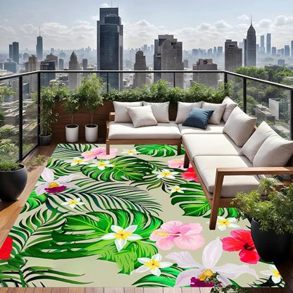 Vibrant Green Red Tropical Flowers and Palm Monstera Leaves Outdoor Area Rug for Patio Deck Porch Balcony Backyard Machine Washable Outside Carpet Kitchen Laundry Bathroom Floor Rug Runner 4x8