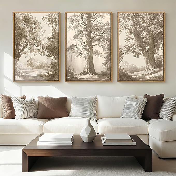 Vintage Tree Wall Art Framed Tree Sketch Antique Painting Neutral Forest Wall Decor 16x24 Inch Set of 3 for Living Room Bedroom