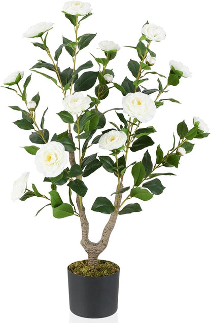 Goplus 36’’ Artificial Camellia Tree, Flower Plants Artificial Tree, Faux Floral Plant Blooming Tree in Nursery Pot, Greenery Potted Plant for Indoor Office Home Porch Decor, White