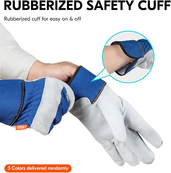 Vgo... Leather Palm Work Gloves for Men, Gardening Gloves, Builder Gloves (3 Pairs,Size XL, 3colors, CB3501)