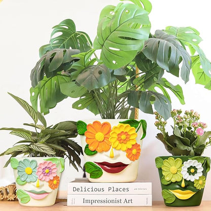 GUGUGO 8 Inch Large Flower Face Planters, Abstract Unique Head Plant Pot with Drainage, Rainbow Colorful Cute Flower Plant Pots for Indoor Plants, Funny Gardening Pot Gift Home Décor, Orange&Yellow