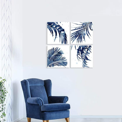 ARTISTIC PATH Watercolor Botanical Canvas Wall Art - Palm Leaves Picture Leaf Painting Prints Blue Plant Artwork for Bedroom Bathroom