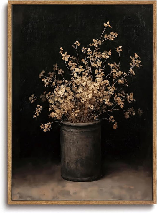 ZZLWBKGL Vintage Dried Floral Framed Wall Art Dark Moody Botanical Canvas Wall Art Cottage Core Pictures Wall Decor Rustic Still Life Art Prints for Living Room Bedroom Study