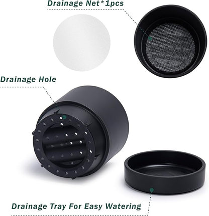 Phoenix Vine 4 Inch and 6 Inch Planter Pot with Drainage Hole & Deep Water Catch Tray Saucer, Straight Cylindrical Round Pot for Plants, Matte Black, 23-A-2-Z