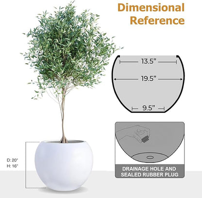 16" H x 20" D Globo Fiberstone Round Planter with Drainage Hole, Smooth Finishes, Weather Resistant for Indoor and Outdoor Use, Included 2 Extra Coco Mats (White, 13.5" Pot Opening)