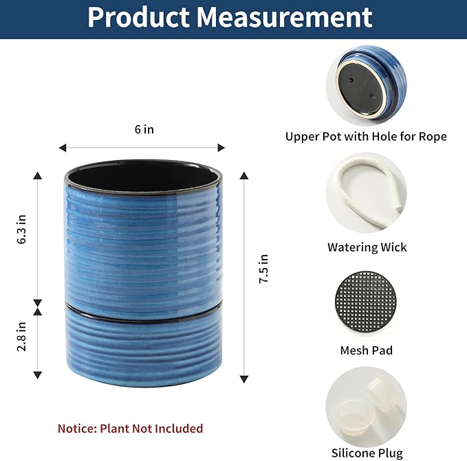 HASENSE Self Watering Pots for Indoor Plant, 6 Inch Porcelain Planter with Drainage Hole & Water Storage Plus for Indoor & Outdoor Plants, Round Flower Pot for Home Office Kitchen Decor, Blue