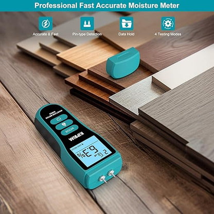 Kiprim Pin-Type Moisture Meter for Wood, Wall, Packing, Building – Digital Moisture Detector with LCD Display, Temperature (°C/°F), Hold Function, 4 Material Modes, Replacement Pins Included WM02