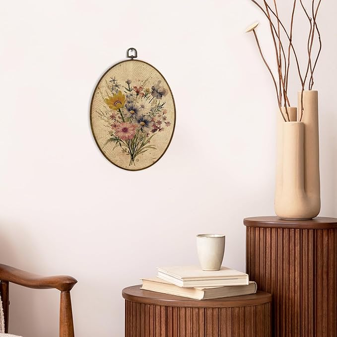 MAQIKA Boho Floral Oval Framed Wall Art Decor, Vintage Botanical Prints, Farmhouse Wildflower Oval Wall Hanging Decor, Flower Canvas Prints Wall Art for Girls Dorm Room Bedroom, 8.7x11.3 Inch