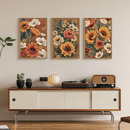 Large Boho Flower Botanical Framed Canvas Wall Art,Abstract Floral Wall Decor,Embroidery Plant Painting,Bloom Wildflower Artwork for Living Room,Bedroom,Dining Room,Office -16"x24"x3