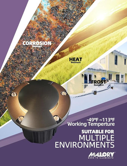MALORY Brass Top Cover Landscape Well Lights,(6''H) 12V Low Voltage Outdoor In Ground Lights,Landscape Lighting for Pathway, Driveway and Garden (Two-Direction Turret, 10-Pack with Bulb)