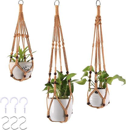 3-Pack Macrame Plant Hanger Indoor - Hanging Planter Basket for Indoor Outdoor - Decorative Boho Plant Holders Set with Beads - Ceiling Flower Pot Holder with 6 Hooks - 35"/30"/24" Brown