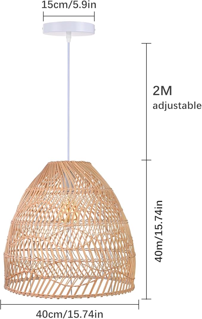 Arturesthome Rattan Pendant Light Fixture, Wicker Chandelier Boho Basket Ceiling Lighting, Large Natural Woven Hanging Lamp for Kitchen Island Sink