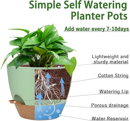 UUBEMM Self Watering Planters with Drainage Holes, Set of 3 Plastic Plant Pots with Deep Reservoir for Indoor Outdoor Garden Flowers Plants,10+9+8 Inch (Green)