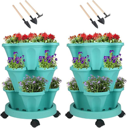 GameXcel Vertical Planter 3 Tier Stackable Planters Garden Planters Strawberry Herb Flower and Vegetable Planter Indoor Outdoor Gardening Pots with Removable Wheels and Tools