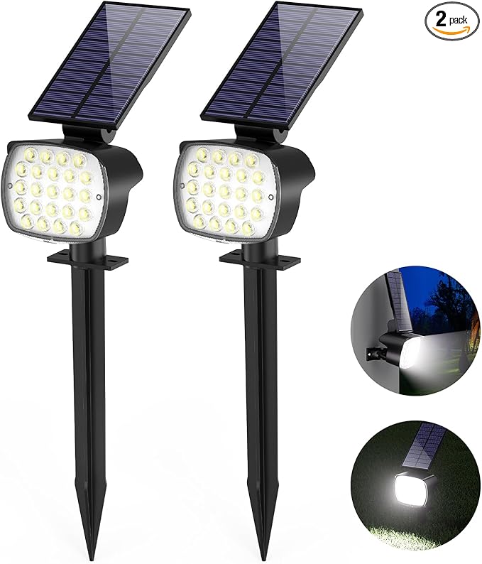 hyrion Solar Spotlight Outdoor Waterproof Ip65 23 LED 3 Lighting Mode 2-in-1 Solar Powred Yard Spot Lights for Garden Tree Law Pathway 2 Pack Cool White