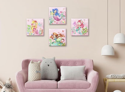 BLINFEIRU Mermaid Canvas Wall Art Set of 4, Cute Pink Watercolor Mermaid Pictures for Girls Room Bathroom Wall Decor, Modern Home Bedroom Nursery Decorations, Framed Artwork 12x12 Inch