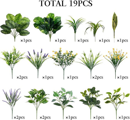GTIDEA 19 Bundles Outdoor Faux Plants, Artificial Plants & Flowers UV Resistant Fake Plastic Leaves Greenery Stems for Outside Window Box Hanging Baskets Garden Patio Front Porch Decor